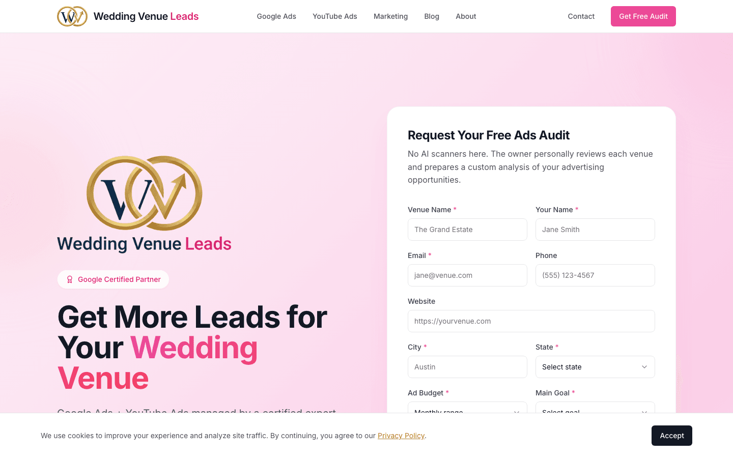 Lead-generation site for wedding venues built around paid traffic and audit conversion
